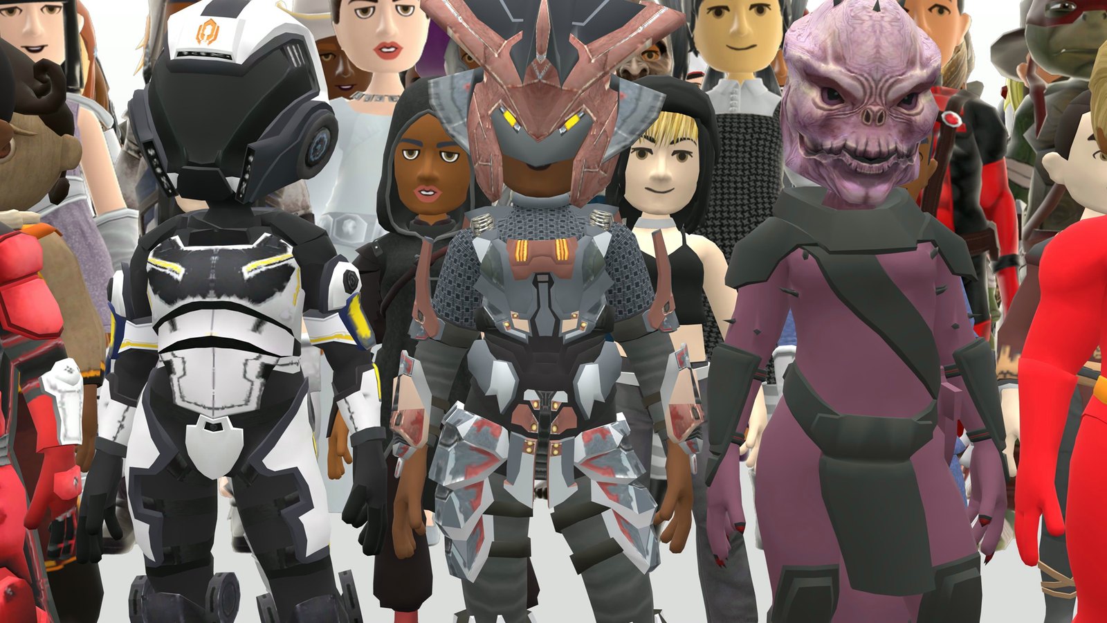 a crowd of xbox 360 avatars in costumes, drawn by 360sona