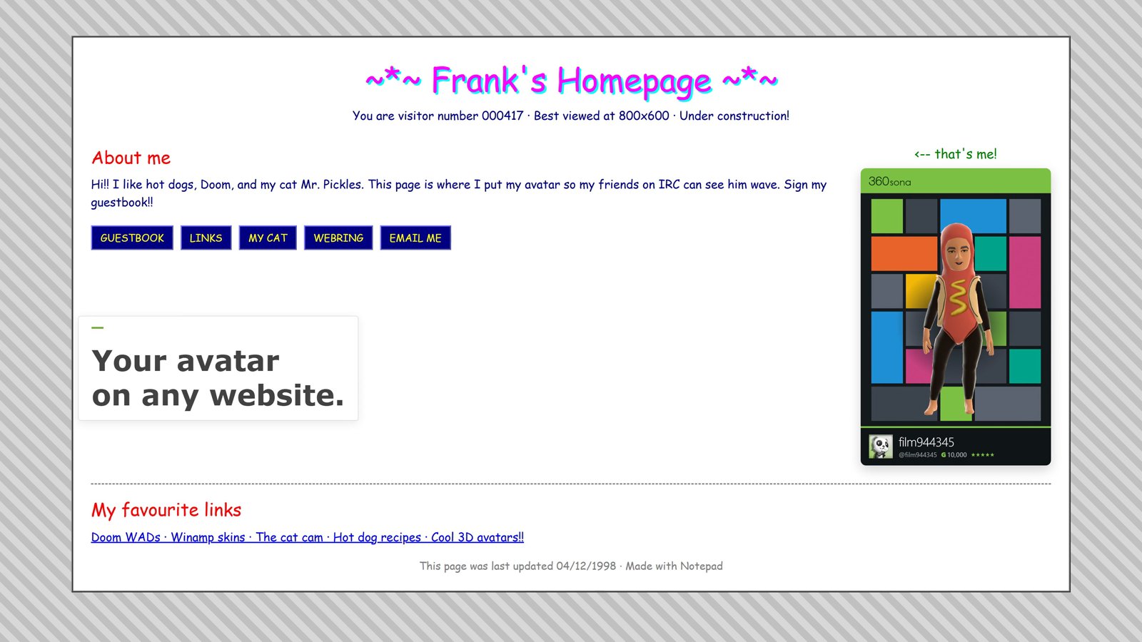 a 1998-style personal homepage with a live 360sona display case in the sidebar