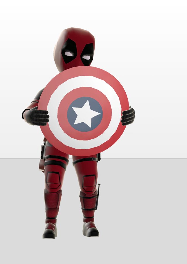 an avatar in a deadpool costume holding a captain america shield