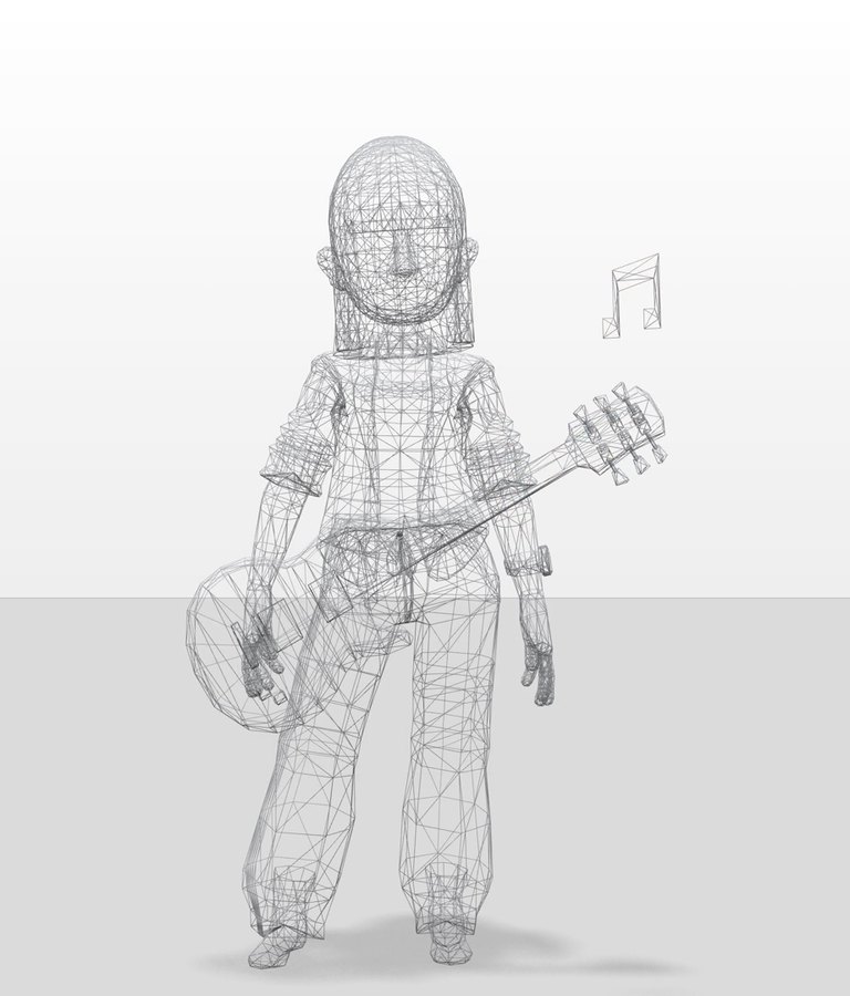 an avatar holding a guitar, drawn as a wireframe